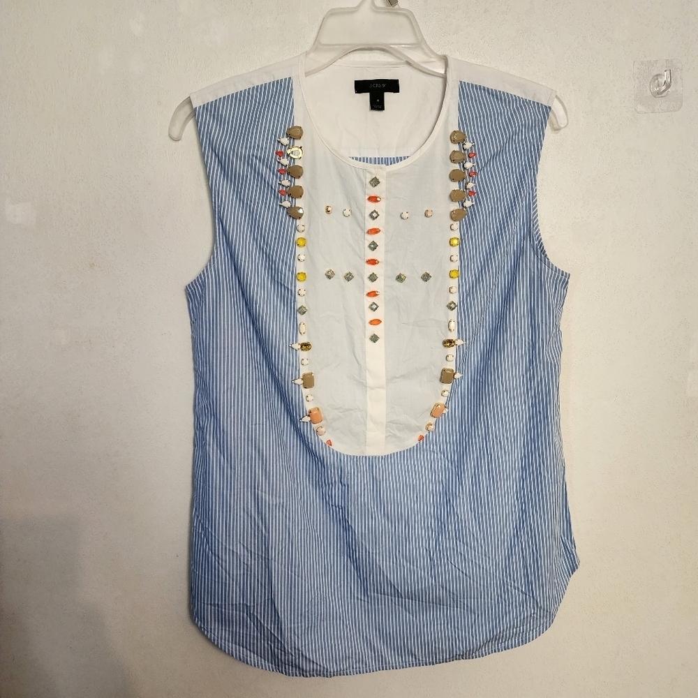 J.Crew Embellished Striped Tuxedo Shell Top Size 6 Blue White Crystal Beaded